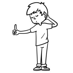 comic outline drawing of a boy holding a scissors in the air and counting. Learn to pay, school, vector.