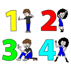 Boy and girl count to 4. Numbers 1 to 4. Yellow, red, green, four.