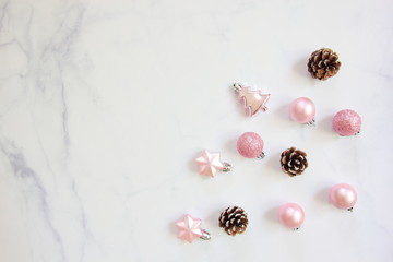 Christmas composition. Christmas decorations on Marble floor background. Flat lay, top view, copy space 