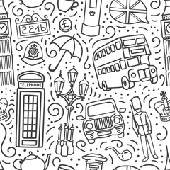 Fototapeta premium Vector seamless pattern with symbols of London, Great Britain. Hand drawn doodle outline on white background. Endless background for travel and tourism print, wallpaper, textile design. 