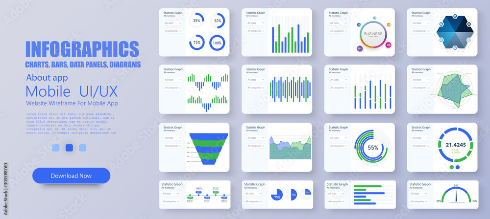 Poster modern infographic vector template with statistics graphs and finance charts. detailed infographics.