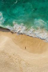 Fantastic drone view green ocean golden beach with a girl Kelingking Beach Nusa Penida Bali Indonesia vertical