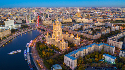 Moscow City with Moscow River in Russian Federation, Moscow skyline with the historical architecture skyscraper, Aerial view, Russia.