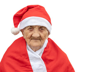 Very old woman 90 years old Mrs Claus with funny expression. Grand-mother or elderly woman with big...