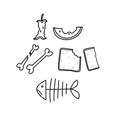Doodle art of food waste icons. Elements for zero waste concept. 