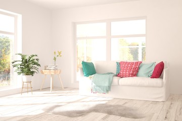 Stylish room in white color with sofa. Scandinavian interior design. 3D illustration