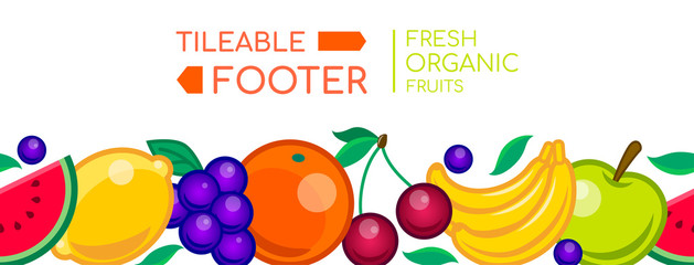 Fresh organic fruits - vector realistic seamless web footer