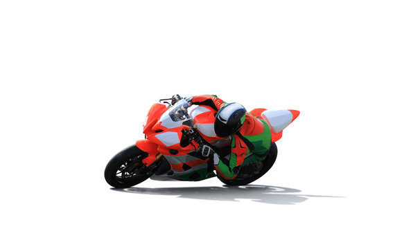 Racing Bike Rider Leaning Into A Fast Corner  On A White Background