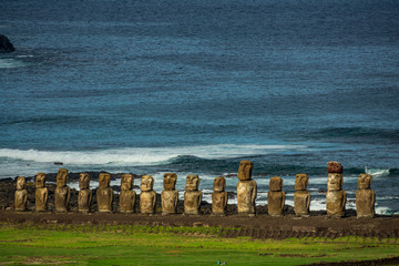 Moai statues of Ahu Tongariki on Easter Island from the distance