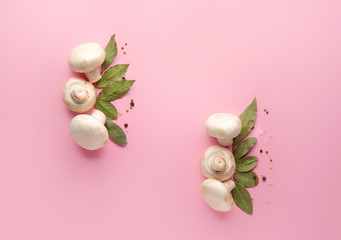 Fresh mushrooms with spices on color background