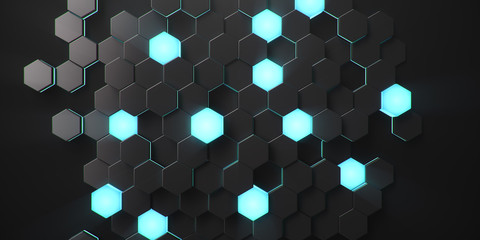 Black geometric hexagonal abstract background. Surface polygon pattern with blue glowing hexagons, honeycomb. Abstract blue self-luminous hexagons. Futuristic abstract background 3D Illustration