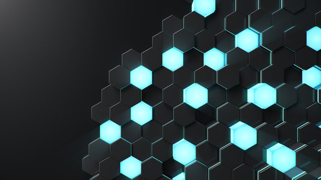 Black geometric hexagonal abstract background. Surface polygon pattern with blue glowing hexagons, honeycomb. Abstract blue self-luminous hexagons. Futuristic abstract background 3D Illustration © rost9