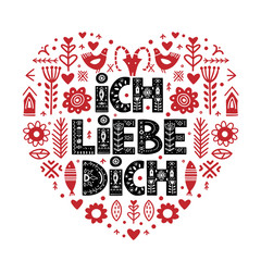 Ich Liebe Dich Calligraphy Template in German. Lettering poster Ich Liebe Dich in ethnic folk style. 