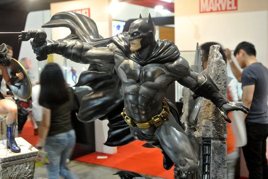 KUALA LUMPUR, MALAYSIA -OCTOBER 6, 2018: Fiction character of Batman from DC movies and comic. Batman action figure toys in various size display for the public.