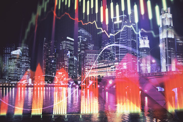 Financial chart on city scape with tall buildings background multi exposure. Analysis concept.