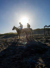 On the beach players practice the sport of polo, when the sun goes down in the Atlantic Ocean