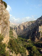 Fototapeta na wymiar KADISHA VALLEY,LEBANON - CIRCA OCTOBER, 2009 -The monastery of Mar Elisha is perched on the cliff. Kadisha Valley, Lebanon