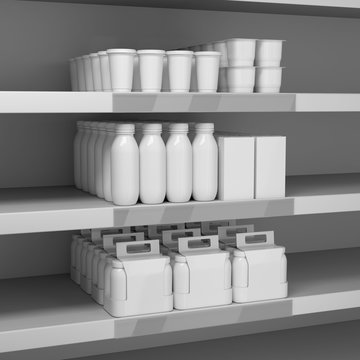 White food packaging laid out on a store shelf. 3d illustration