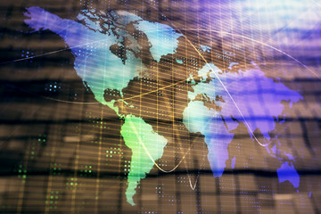 Globe hologram and abstract background. Double exposure. Concept of international business.