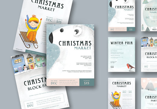 Christmas Event Poster Layouts with Watorcolor Illustrations