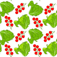 Salad, tomato seamless pattern. Green leaves, red fruits on white art design food design element stock vector illustration for web, for print, for grocery shop, wallpaper, packaging design, product de