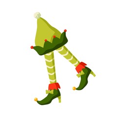 Christmas elf costume parts flat vector illustration. Little santa helper outfit accessories. Striped stockings, funny shoes and hat with bells isolated on white background. Xmas celebtarion symbol.