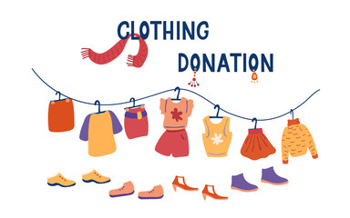 Clothing donation. Lettering and vector illustration isolated on white background. Set of clothes, accessories and shoes for charity.  Mindful lifestyle. 