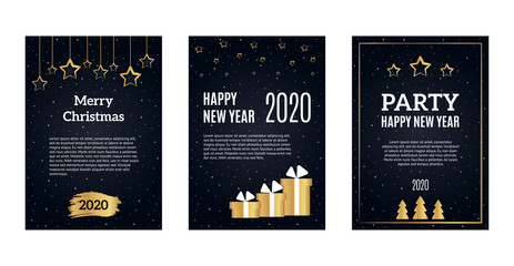 Merry christmas greeting card and party invitation on dark background. Vector illustration for new year flyer brochure design