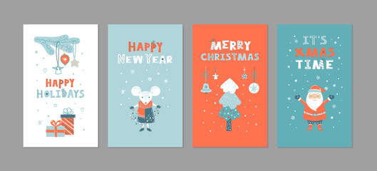 Set of hand drawn cute Сhristmas greeting cards