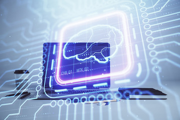 Brain sketch hologram with desktop office background. Double exposure. Brainstorm concept.