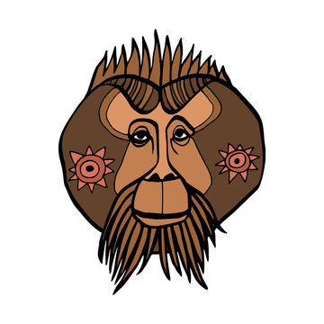 recommend clip art: Bornean Orangutan face vector drawing. Line art illustration. Tattoo design. Tribal ethnic totem. Hand drawn artwork in graphic style.