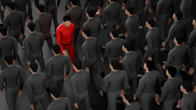 one human standing out from the crowd. The red man Walking through the crowd in different way. concept for challenge,  business, Organization, boss, way, choice and direction. copy space. 3d rendering