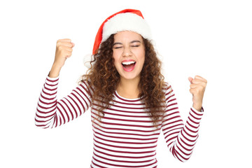 Beautiful american woman in santa hat isolated on white background