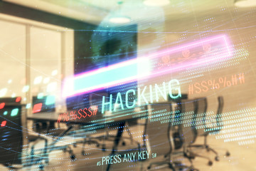 Double exposure of hacking theme hologram on conference room background. Concept of cyberpiracy