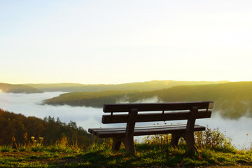 Obraz premium Bank im Abendlicht hoch über dem Herbstnebel im Moseltal