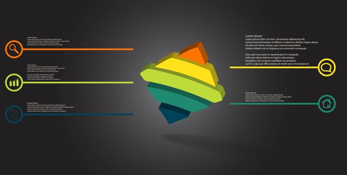 3D illustration infographic template with embossed bent rhomb horizontally divided to five parts askew arranged