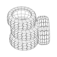 Automobile rubber car wheel tire and rim. Wireframe low poly mesh vector illustration. Auto service repair concept.