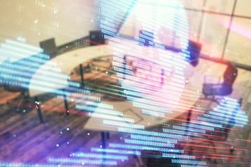 Double exposure of hacking theme hologram on conference room background. Concept of cyberpiracy