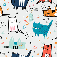Seamless childish pattern with ink drawn cats in different poses. Creative kids hand drawn texture for fabric, wrapping, textile, wallpaper, apparel. Vector illustration