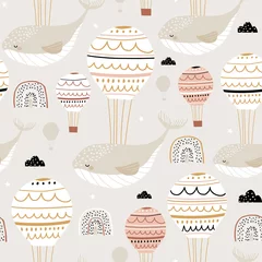 Behang Naadloos kinderachtig patroon met slapende walvissen luchtballonnen. Creatieve kinderen hand getekende textuur voor stof, verpakking, textiel, behang, kleding. vector illustratie © solodkayamari