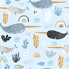 Seamless pattern with abstract narwals, rainbows, seaweeds. Undersea Childish texture for fabric, textile. Vector background © solodkayamari
