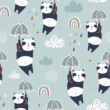 Seamless childish pattern with cute pandas, umbrellas and hand drawn textures. Creative kids hand drawn texture for fabric, wrapping, textile, wallpaper, apparel. Vector illustration