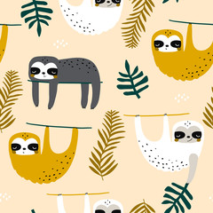 Seamless childish pattern with funny sloths. Creative kids texture for fabric, wrapping, textile, wallpaper, apparel. Vector illustration © solodkayamari