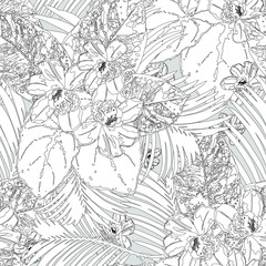 Seamless tropical pattern with palm leaves and exotic flowers.  Graphic vector background.