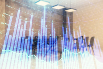 Multi exposure of stock market graph on conference room background. Concept of financial analysis