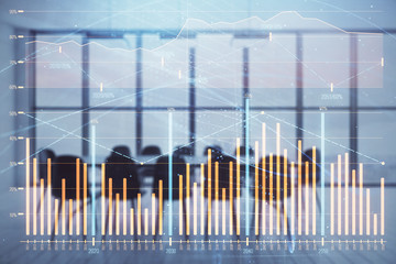 Multi exposure of stock market graph on conference room background. Concept of financial analysis