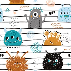 Behang Monsters Naadloos patroon met schattige monsters. Creatieve kinderachtige textuur voor stof, verpakking, textiel, behang, kleding. vector illustratie