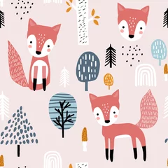 Foto op Plexiglas Vos Naadloos meest versleten patroon met vos, paddestoelen. Creatieve bostextuur voor stof, verpakking, textiel, behang, kleding. vector illustratie
