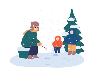Winter fishing relax flat vector illustration. Father and kids enjoy leisure time together. Dad and sons with fishing rods sitting near ice holes. Wintertime outdoor activities, recreation idea.