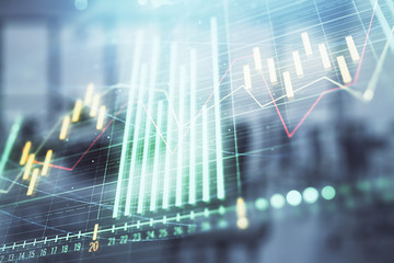 Stock and bond market graph with trading desk bank office interior on background. Multi exposure. Concept of financial analysis